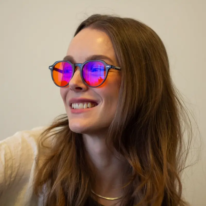 Blålysbriller med oransje glass