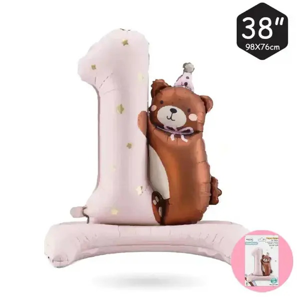 Folieballong "1" med bamse, rosa