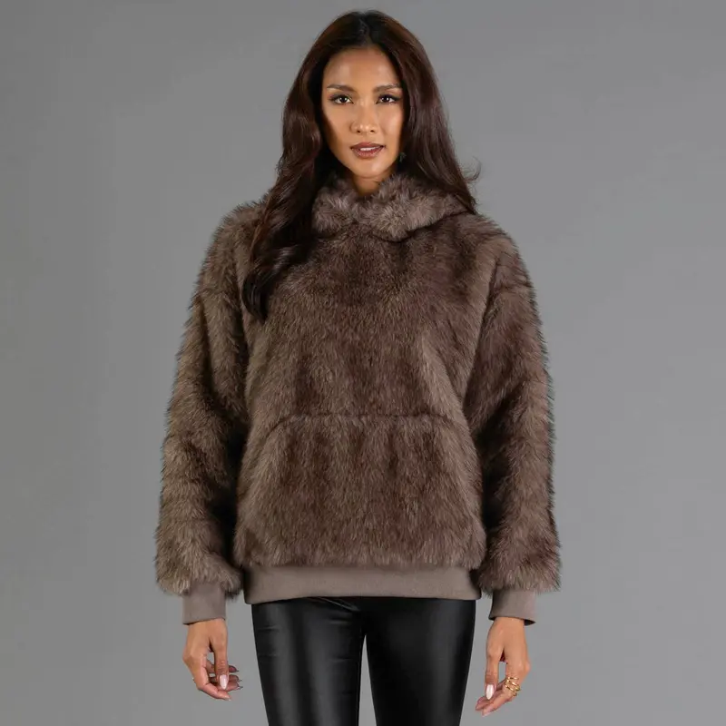 Gråbrun hettegenser i imitasjonspels – Panache Apparel Co