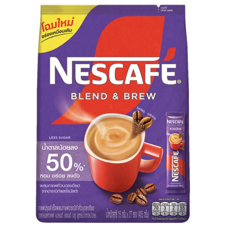 NESCAFE Blend and Brew Less Sugar 3-in-1 Instant Coffee Drink 27-Sachets, 405g