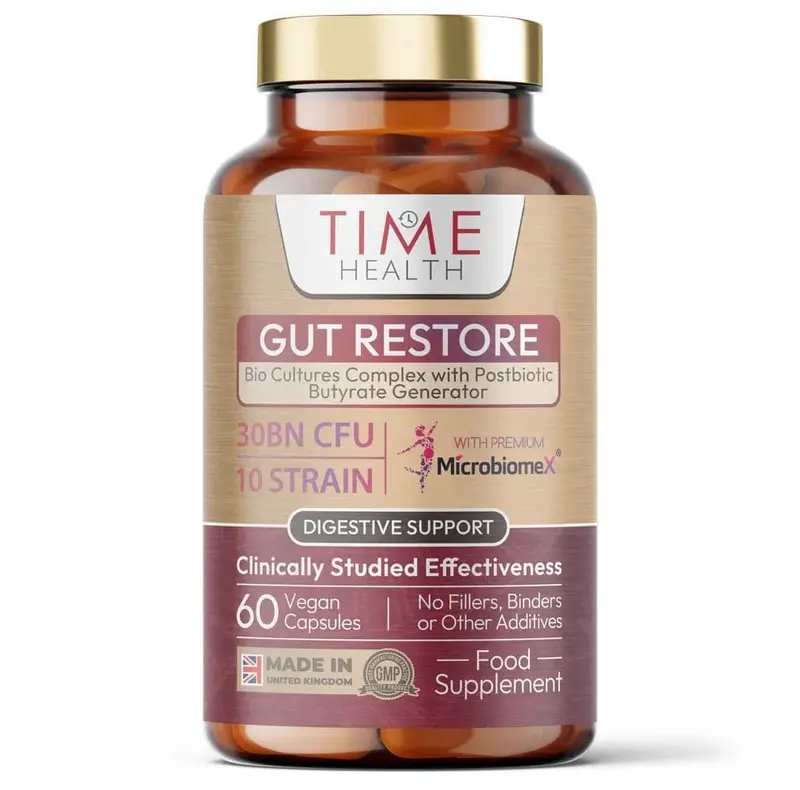 Time Health Gut Restore 12-Strain Probiotic & Postbiotic with MicroBiomeX (60 Capsules)